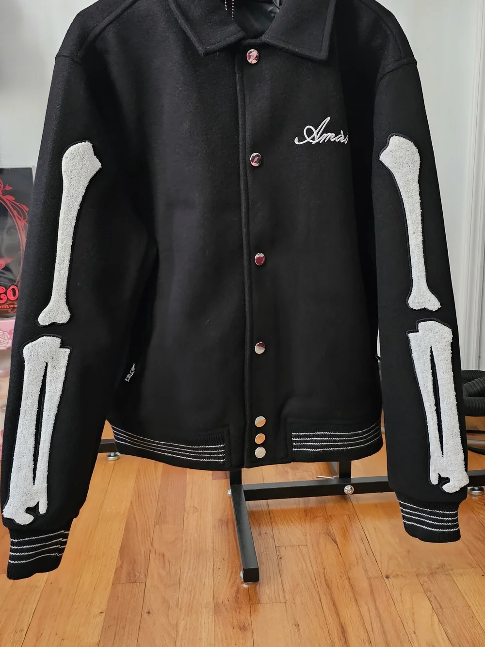 Black Wool Bomber Jacket with White Sleeve Bone Appliqué
